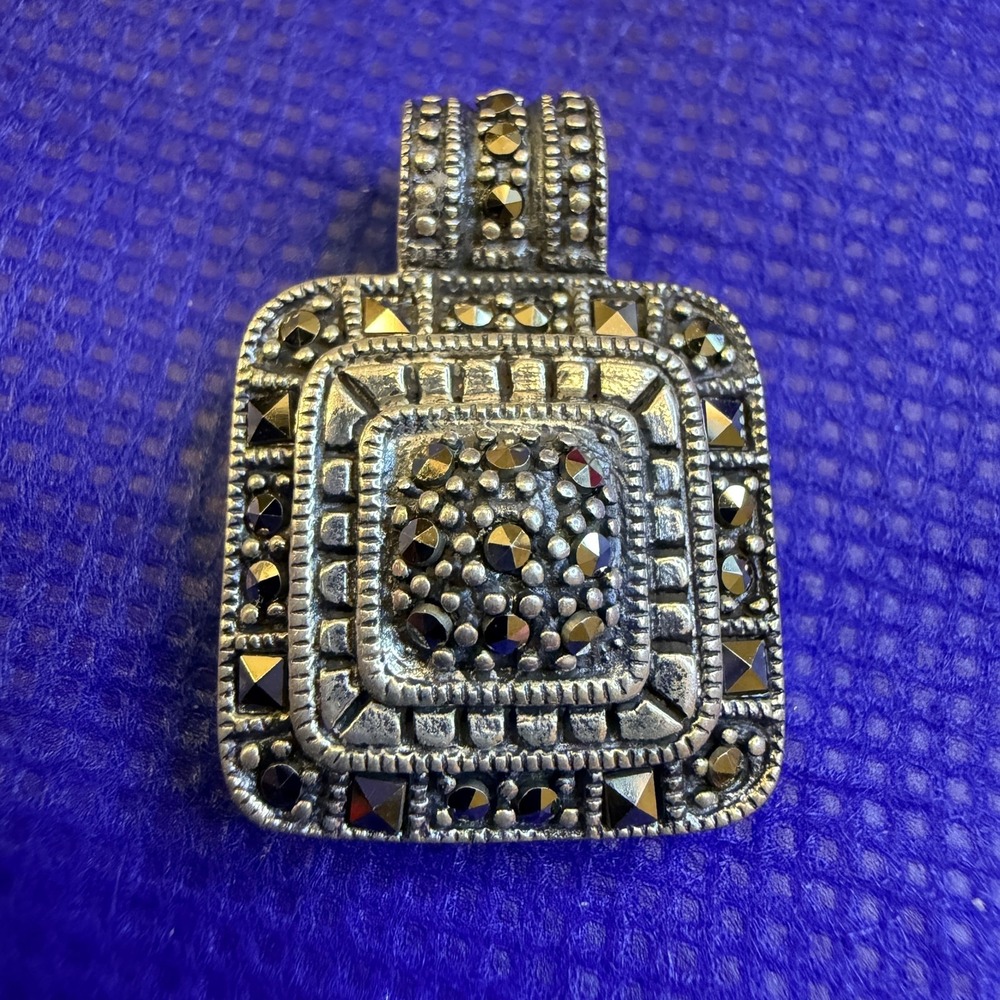 Silver Tone Square Marcasite Pendant Vintage Style Gray Stone Statement Boho